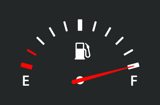 Fuel gas gauge meter icon symbol graphic. Petrol gasoline diesel tank empty full logo sign. Vector illustration image. Isolated on black background.