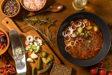 Traditional Hungarian beef stew stew. Goulash with onion and garlic. Spicy food.