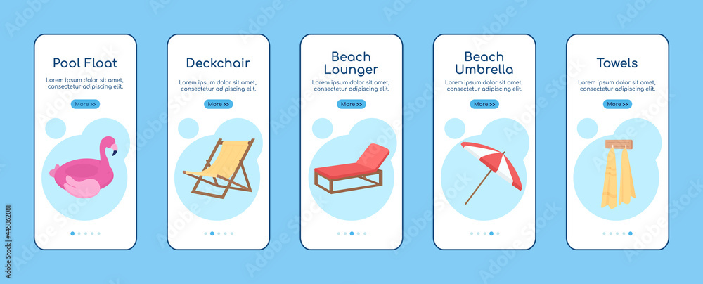 Poster beach equipment onboarding mobile app screen flat vector template. walkthrough website 5 steps with 