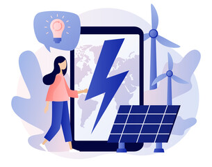 Renewable energy. Power plant with solar panels and windmills. Tiny woman with big smartphone. Green energy concept. Global Eco Industry. Modern flat cartoon style. Vector illustration 