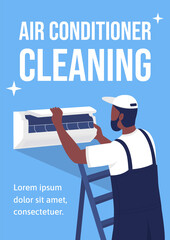 Air conditioner cleaning poster flat vector template. Maintenance task. Brochure, booklet one page concept design with cartoon characters. Cooling performance improving flyer, leaflet with copy space