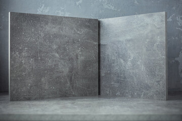 Abstract painted background texture at grey table top. Front view of panel plate