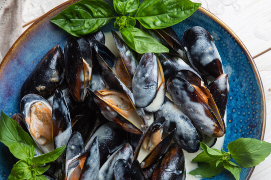 mussels in a creamy sauce garnished with basil leaves