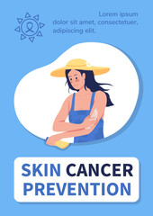 Skin cancer prevention poster flat vector template. Apply sunscreen for body protection. Brochure, booklet one page concept design with cartoon characters. Sun safety flyer, leaflet with copy space
