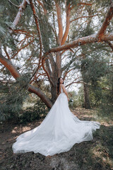Fototapeta premium luxurious young bride in an expensive fashionable wardrobe poses for a wedding photo shoot in a luxury resort town