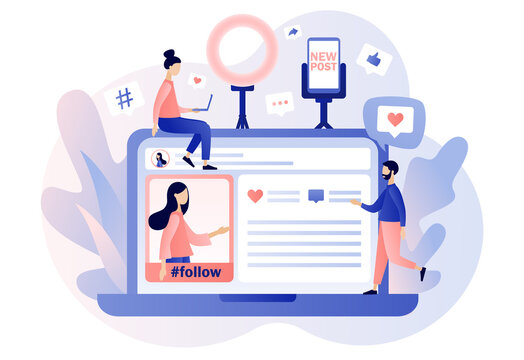 Blog concept. New post photo and video content. Tiny people follow blogger in social media networks. Influencer marketing. SMM. Modern flat cartoon style. Vector illustration on white background