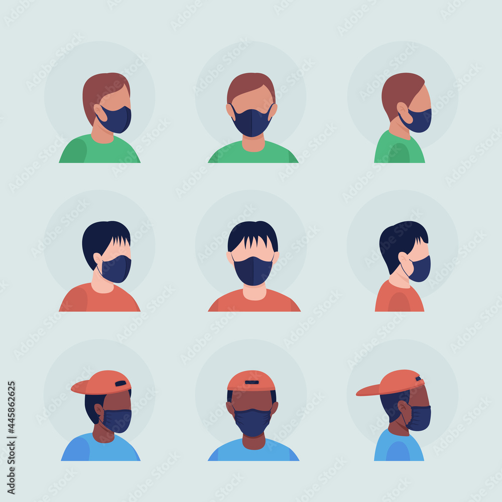 Poster boys with black masks semi flat color vector character avatar set. portrait with respirator from fro
