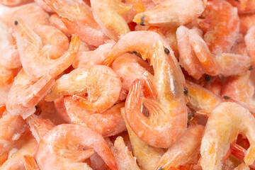 Fresh shrimps in ice. Top view.