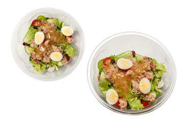 Fresh tuna salad with lettuce, cucombers, cherries and eggs in plastic container.