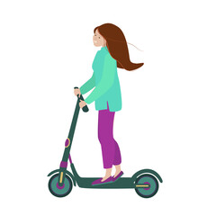 A pretty girl rides a scooter. Vector illustration in the flat style. Isolated on a white background. A design element for your project.