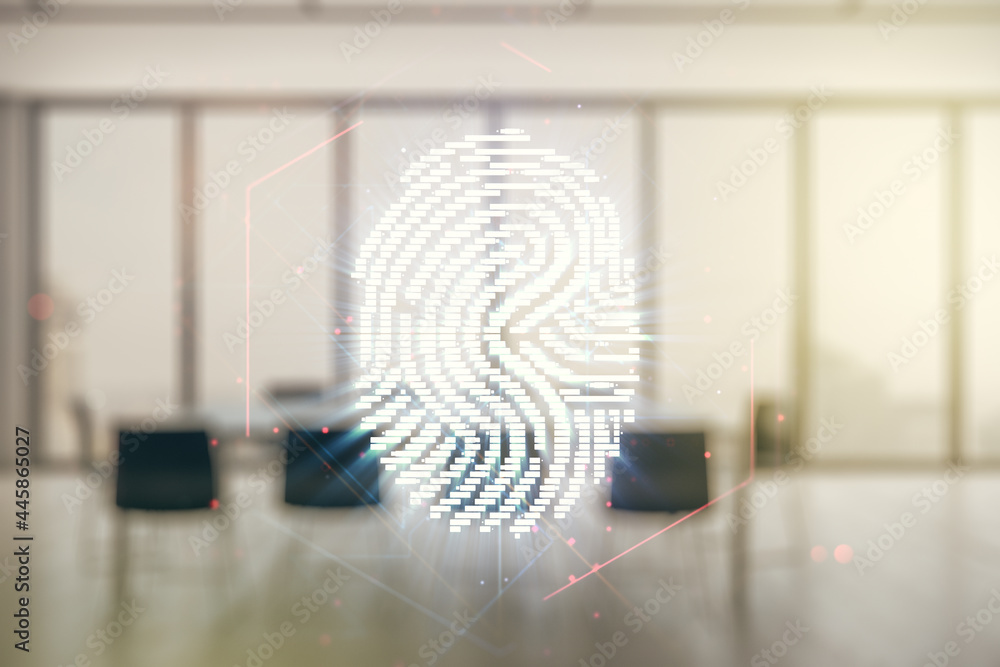 Aufkleber Multi exposure of virtual fingerprint scan interface on a modern furnished office interior background, digital access concept