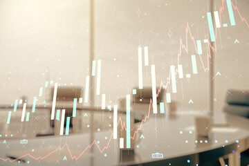 Multi exposure of virtual creative financial chart hologram on a modern meeting room background, research and analytics concept