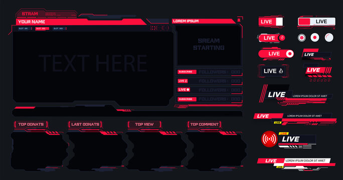 Live Stream. Digital Frame Technology UI,UX Futuristic HUD Virtual Interface. A Design Template For A Set Of Frames, Buttons, Overlay Cursors For Game Streaming. Futuristic Info Boxes Layout Templates