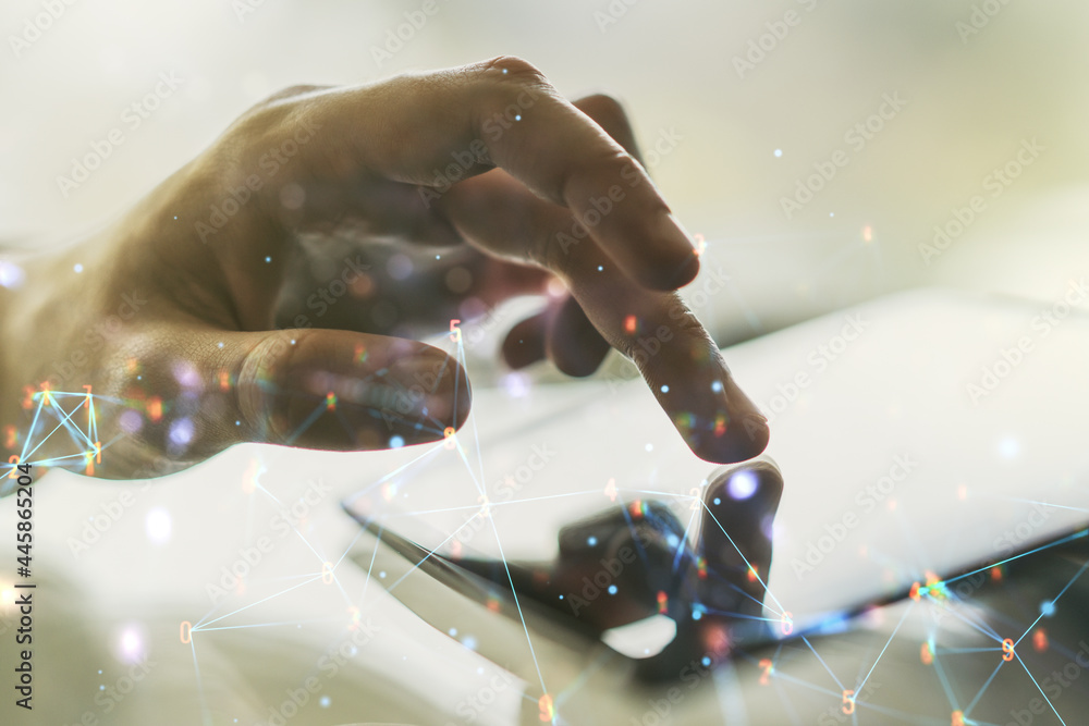Aufkleber double exposure of technology hologram and finger clicks on a digital tablet on background. research