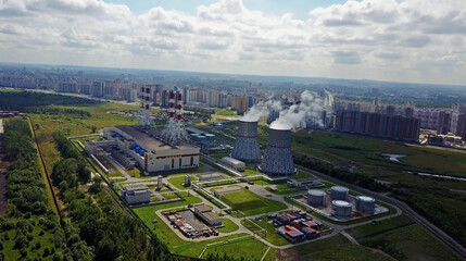 aerial view of clouds of smoke and steam coming from Power Station in Russia
