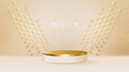 3d style podium golden luxury on star shape background, vector illustration for promoting sales and marketing.