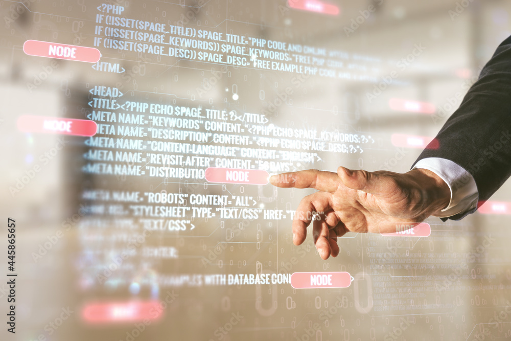 Poster double exposure of programmer's hand working with abstract creative programming illustration on blur