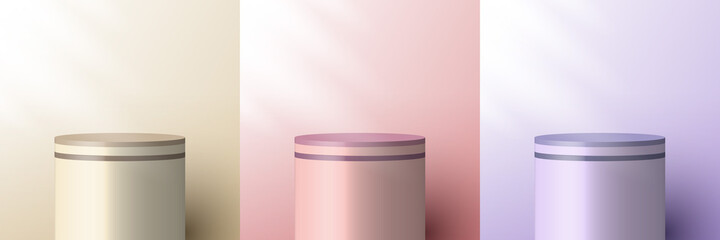 Set of 3D realistic brown beige, pink, purple pedestal backdrop for product display