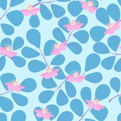 Vector seamless pattern with hand-drawn branches and flowers on a blue background. Pink flowers with stamens and birch branches with veins. Pattern for printing on fabric, paper. Ideal for wallpaper. 