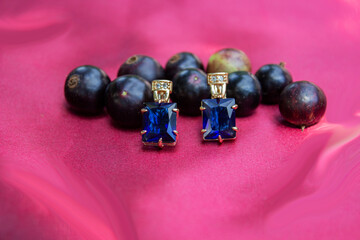 blue earrings in black and white with a red berry