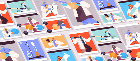 set arab researchers working with test tubes in web browser windows scientists making chemical experiments in lab