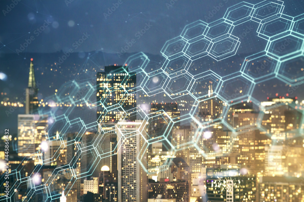 Poster abstract virtual wireless technology hologram with hexagon on san francisco cityscape background, ar