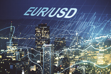 Abstract virtual EURO USD financial chart illustration on San Francisco skyline background. Trading and currency concept. Multiexposure