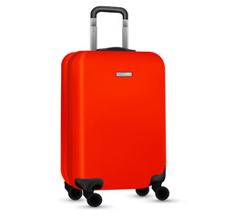 Suitcase isolated on white. Set of Red travel baggage bag or plastic luggage on white background. Summer vacation and product advertisement concept.