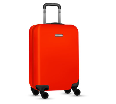 Suitcase Isolated On White. Set Of Red Travel Baggage Bag Or Plastic Luggage On White Background. Summer Vacation And Product Advertisement Concept.