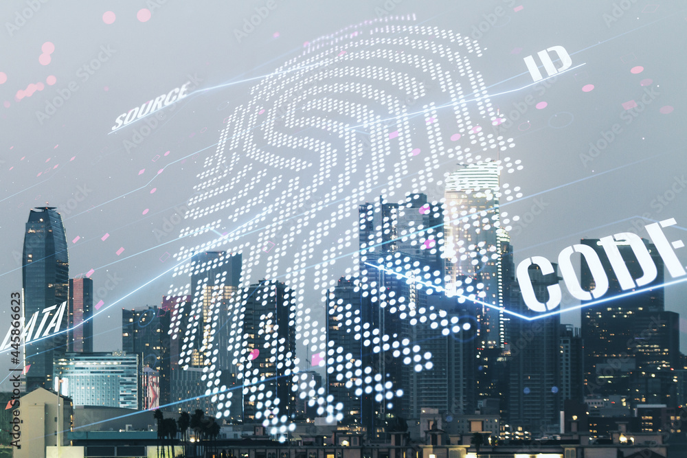 Poster multi exposure of virtual graphic fingerprint sketch on los angeles cityscape background fingerprint