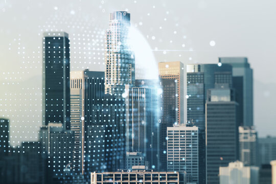 Abstract creative digital world map on Los Angeles cityscape background, globalization concept. Multiexposure