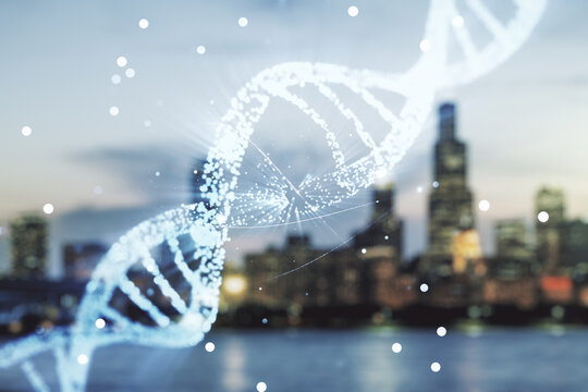 DNA hologram on blurry skyscrapers background, science and biology concept. Multiexposure