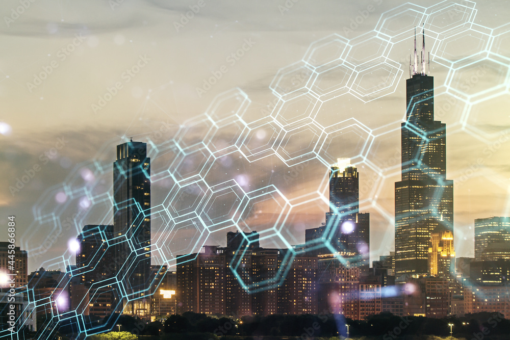 Poster abstract virtual wireless technology hologram with hexagon on chicago skyline background. big data a