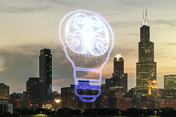 Double exposure of abstract virtual creative light bulb hologram with human brain on Chicago city...