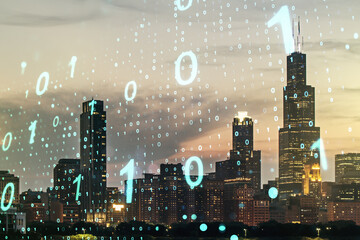 Abstract virtual binary code sketch on Chicago office buildings background, hacking and matrix concept. Multiexposure