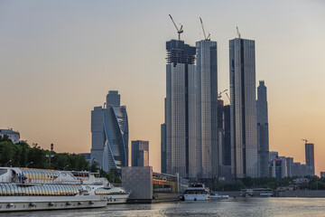 Glass skyscrapers of the Moscow City business center on the bank of the Moskva River. Russia