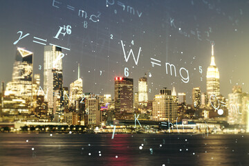 Double exposure of scientific formula hologram on New York city skyscrapers background, research...