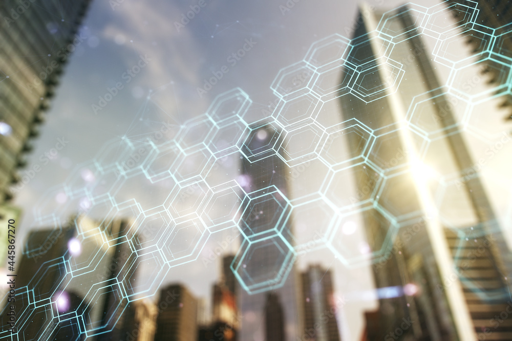 Poster double exposure of abstract virtual technology hologram with hexagon on modern skyscrapers backgroun