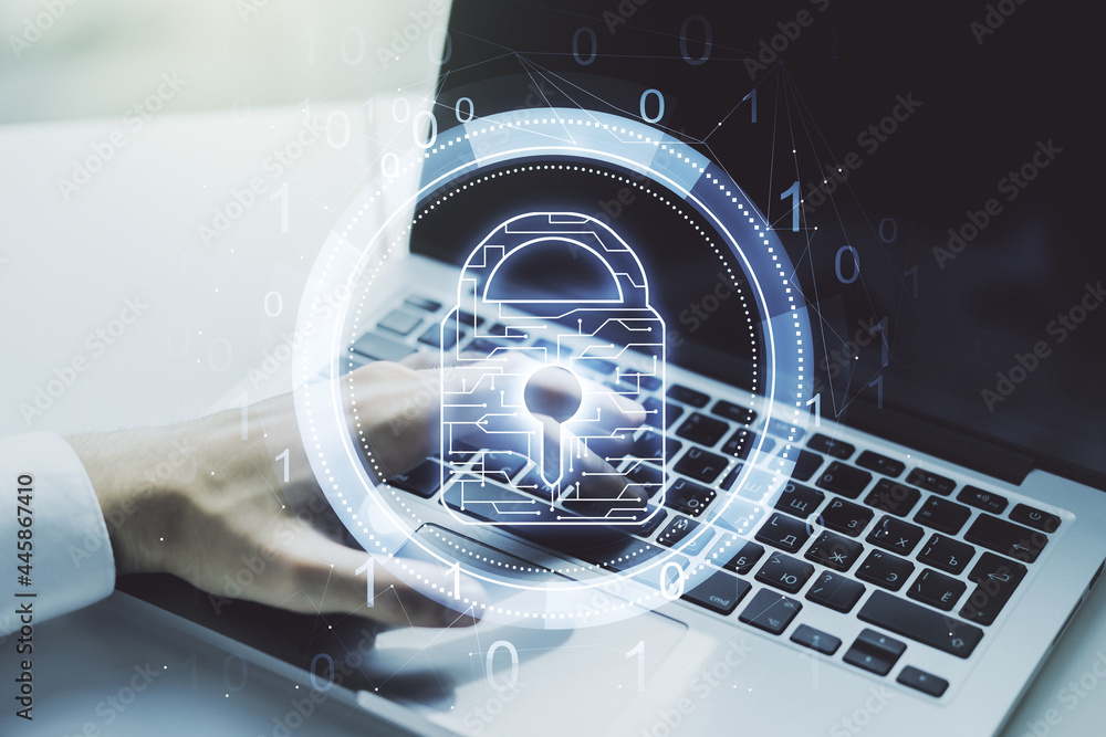 Poster creative lock sketch with chip hologram and hands typing on computer keyboard on background, protect
