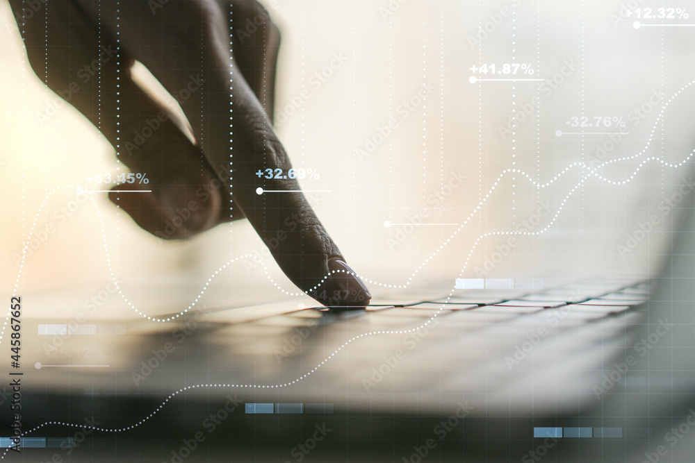 Poster multi exposure of creative statistics data hologram with hands typing on computer keyboard on backgr