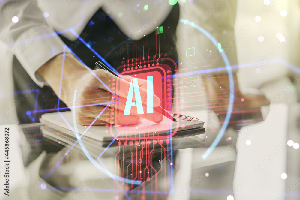 Poster double exposure of creative artificial intelligence abbreviation with man hand writing in notepad on