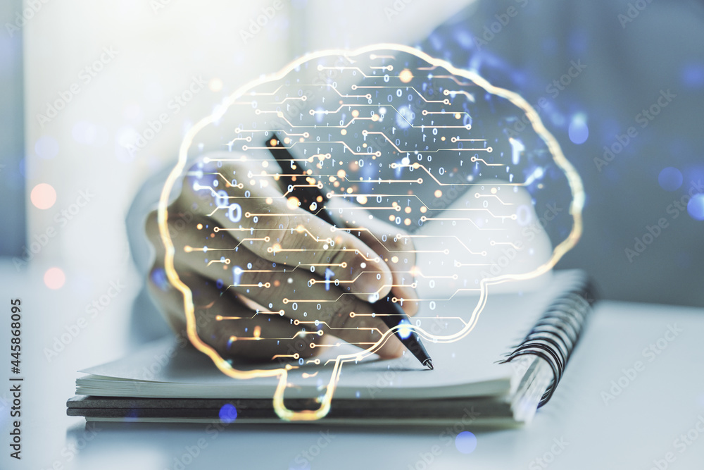 Poster double exposure of creative artificial intelligence symbol with man hand writing in notebook on back