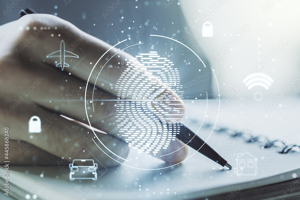 Poster Double exposure of abstract creative fingerprint hologram with man hand writing in notebook on background, research and development concept