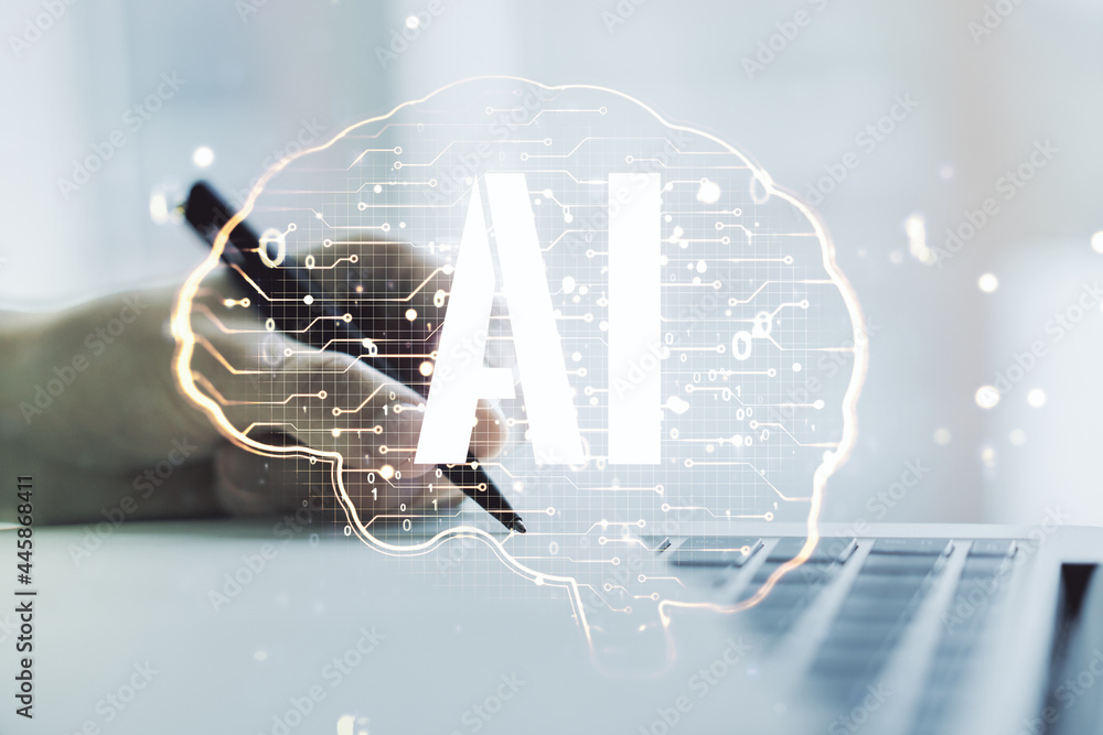 Poster creative artificial intelligence concept with human brain sketch and hand writing in diary on backgr