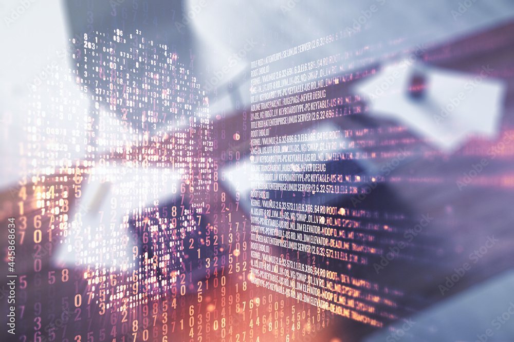 Poster creative code skull hologram and modern desktop with pc on background, cybercrime and hacking concep
