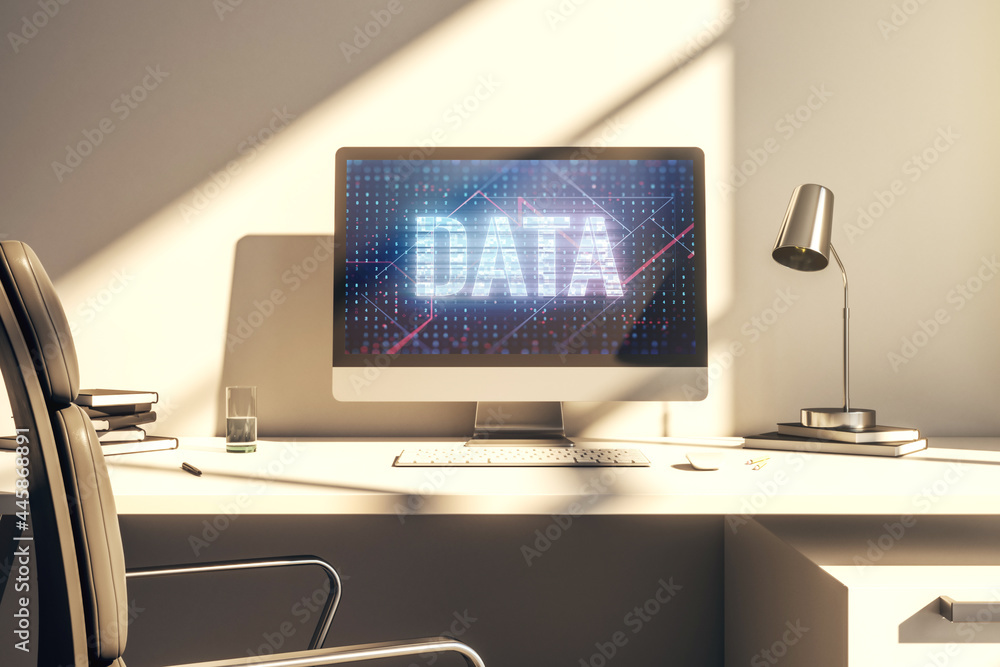 Poster creative data word hologram on modern laptop monitor, big data and blockchain concept. 3d rendering