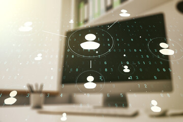 Double exposure of social network icons concept and modern desk with computer on background. Networking concept