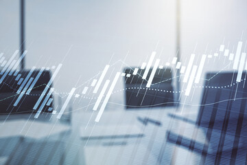 Double exposure of abstract creative financial diagram and modern desk with computer on background, banking and accounting concept