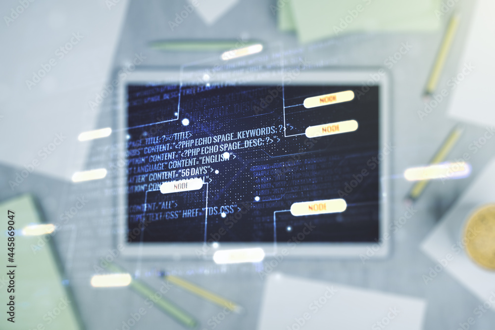 Aufkleber multi exposure of abstract software development hologram and digital tablet on background, top view,