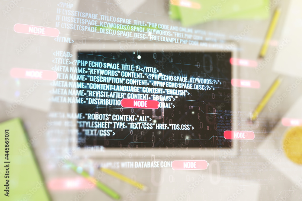 Poster double exposure of abstract creative programming illustration and modern digital tablet on backgroun